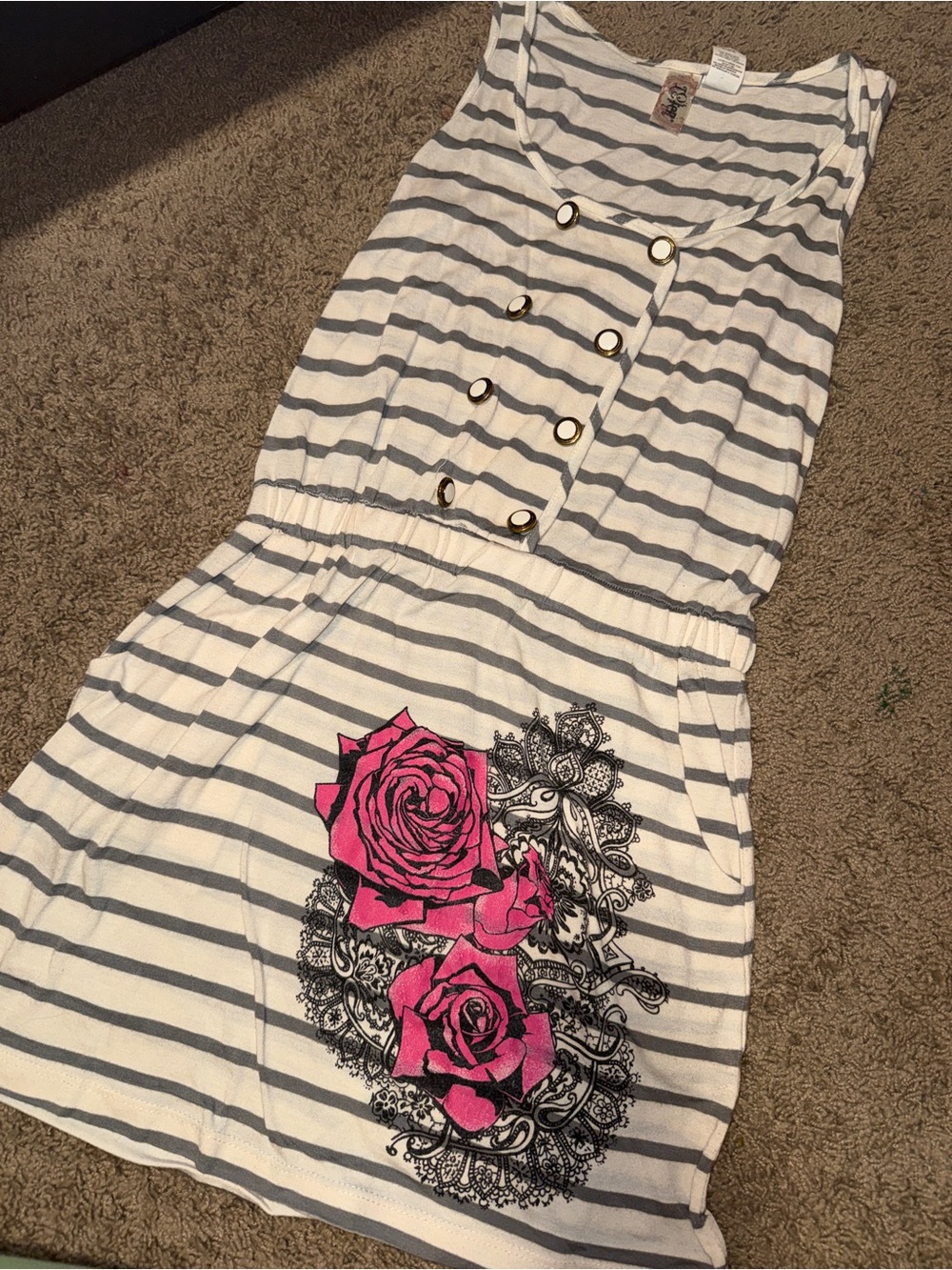 Striped White & Gray Mini Skirt with Pink Rose Graphic